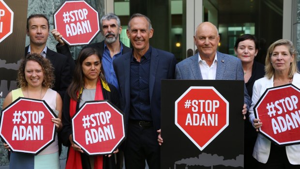 Bob Brown returned to Parliament House in Canberra with Geoff Cousins and environmental groups to protest against the Adani coal mine.