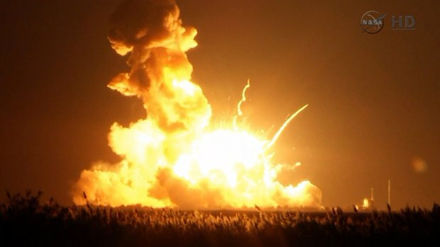 Destoyed: The unmanned rocket blows up over the launch complex at Wallops Island, Virginia.
