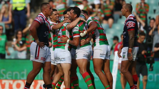 Jubilant: The Rabbitohs were all over the Sydney Roosters at Allianz Stadium.