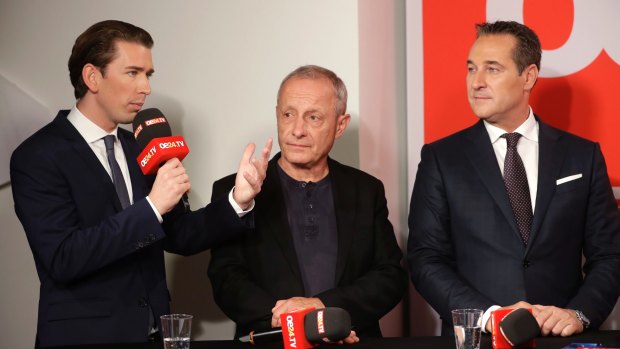 From left: Sebastian Kurz, with Peter Pilz of Liste Pilz and Hans-Christian Strache, leader of the strongly eurosceptic Austrian Freedom Party, on TV on Sunday night.