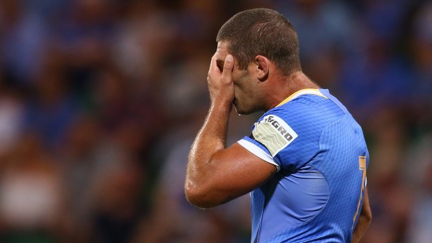 Disappointing season: Matt Hodgson looks dejected last weekend against the Waratahs at nib Stadium. The Force have been well below par in 2016.