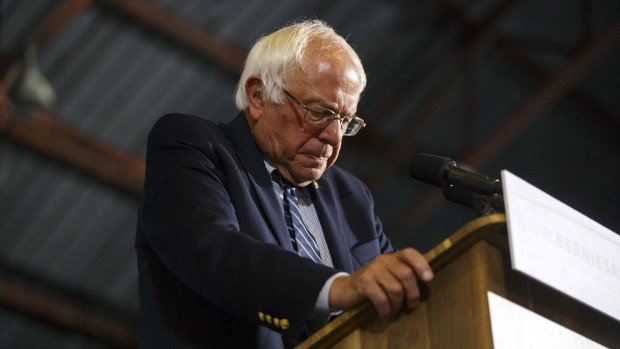 Senator Bernie Sanders pauses during his speech at a rally at Barker Hanger in Santa Monica, California.
