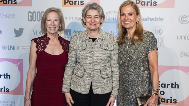 Kathy Calvin, President and CEO of the United Nations Foundation, left, Unesco Director-General Irina Bokova, centre, and US Ambassador to France, Jane D. Hartley, on the sidelines of the COP21 climate change conference in Paris.