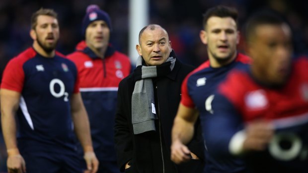 New approach:  Eddie Jones watches over the England pre-match warm-up during the Six Nations match against Scotland at Murrayfield Stadium on February 6.