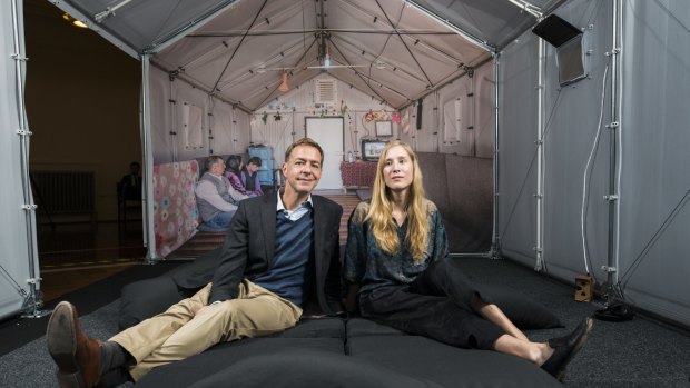 Ikea Foundation's Jonathan Spampinato with Better Shelter's Marta Terne inside the shelter that will be on display at Floriade. 