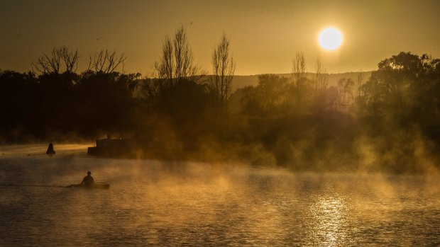 Moisture rising from Lake Burley Griffin at sunrise on the first day of winter 2017.