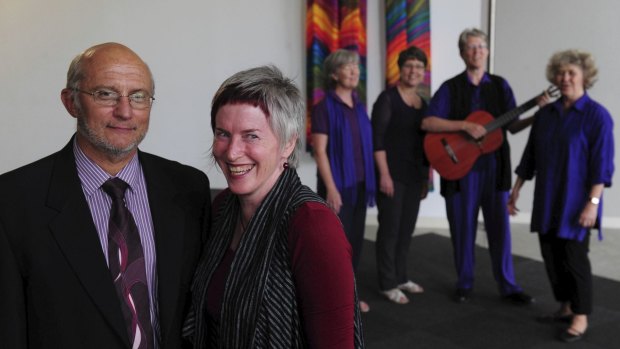 Planning an exhibition of artworks by asylum seekers are Reverend Susanna Pain, right foreground and Professor Stephen Pickard. In support are members of A Chorus of Women Shirley Campbell, Janet Salisbury, Meg Rigby and Johanna McBride at the Australian Centre for Christianity and Culture in Barton. 