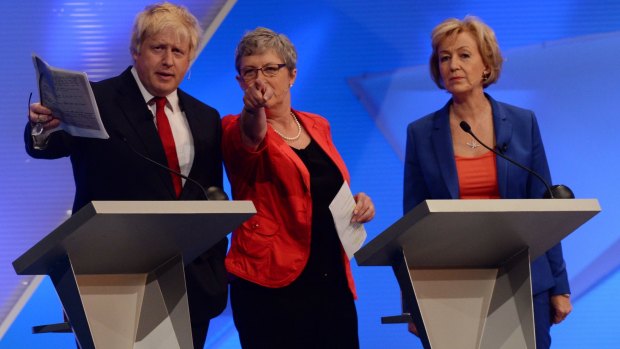 Andrea Leadsom (right) on the stage with Boris Johnson and Labour MP Gisela Stuart during the televised debate on the EU at Wembley on June 21.