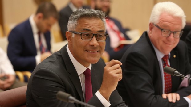 Ahmed Fahour, outgoing managing director and chief executive of Australia Post, and chairman John Stanhope before a Senate estimates hearing in February. 