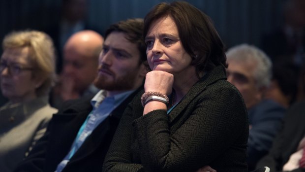Cherie Blair looks on as her husband, former British PM Tony Blair, delivers a keynote speech at the pro-EU event.