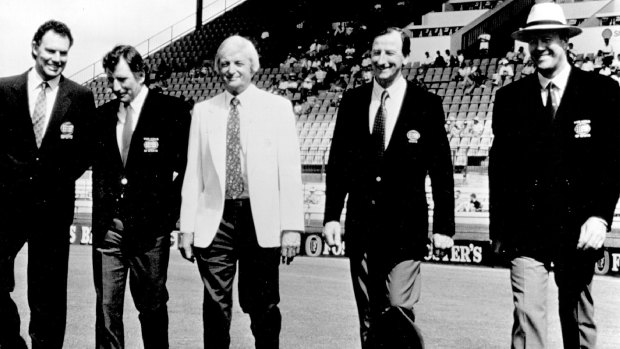 Golden Age: The 1993 Channel Nine cricket commentary team (from left) Greg Chappell, Ian Chappell, Richie Benaud, Bill Lawry and Tony Greig.
