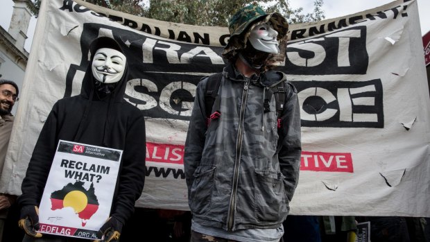 Masked protesters in Coburg.