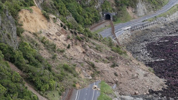 A landslide blocks State Highway One and the main trunk railway line north of Kaikoura following an earthquake in New Zealand in November.