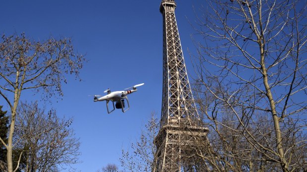 An illustration of a drone flying near the Eiffel Tower in Paris.