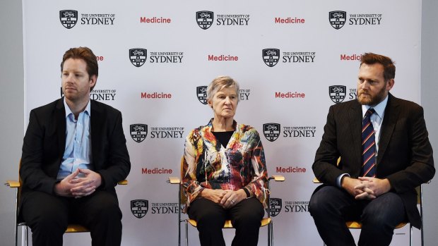 Dr Grant Hill-Cawthorne (left), Professor Lyn Gilbert and Dr Cameron Webb talk about the Zika virus at Sydney University on Tuesday.