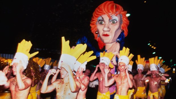 Pauline Hanson and her dancing chip boys in the 1997 parade.