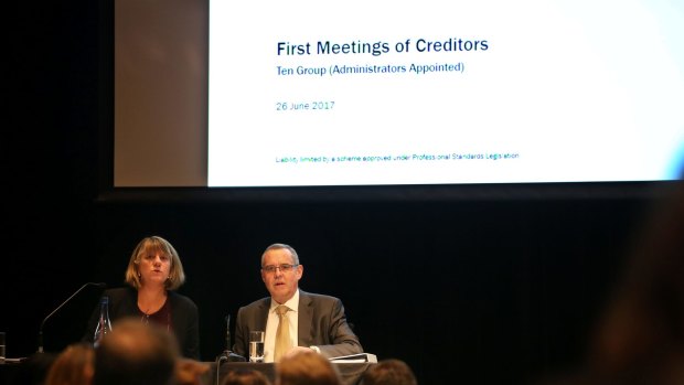 Administrators from KordaMentha address creditors at the first meeting in Sydney. 