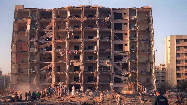 The aftermath of the 1996 Khobar Towers bombing at the King Abdul Aziz Air Base near Dhahran, Saudi Arabia. Nineteen US service personnel were killed in the attack.