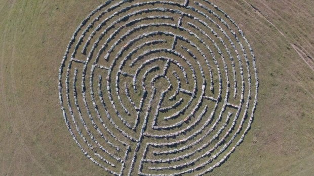 The 21 metre stone labyrinth at Old Graham as viewed from a drone.