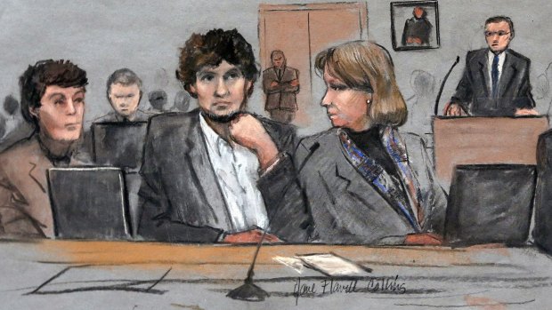 A courtroom sketch of Dzhokhar Tsarnaev, charged with the Boston bombing, and his attorney Judy Clarke.
