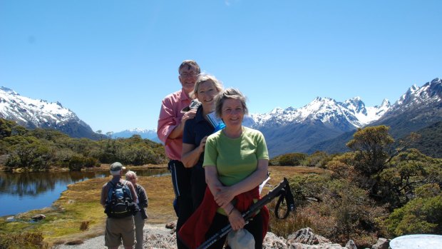 Dr Rhys Gray, wife Janice, middle, and their friend Jenny Khalfan (front) on a trek in Europe two years ago. They are all stranded in Nepal.