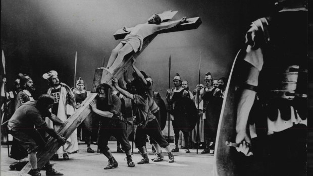 The Passion Play in 1970:  the cross is hauled into position. 