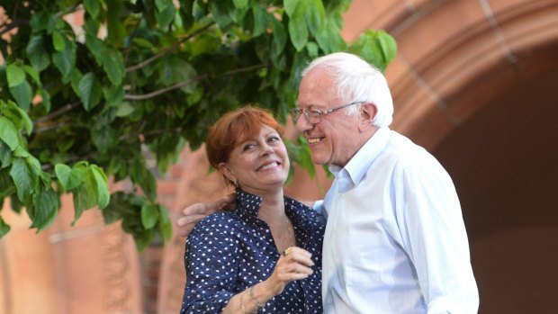 Democratic presidential candidate Bernie Sanders with actress Susan Sarandon on the California State University Chico campus last week.