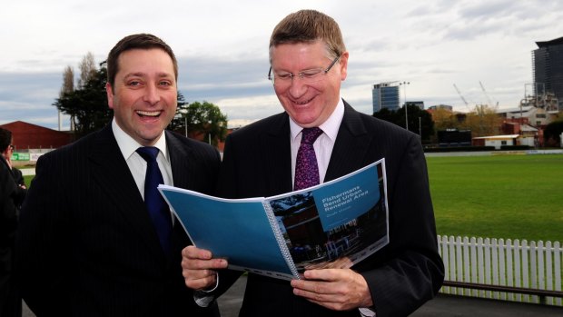 Former premier Denis Napthine (right) and now Opposition Leader Matthew Guy unveil the initial plans for Fishermans Bend in 2013.
