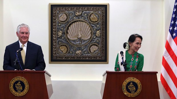 US Secretary of State Rex Tillerson, left, and Myanmar Foreign Minister Aung San Suu Kyi smile during a joint press conference last week.