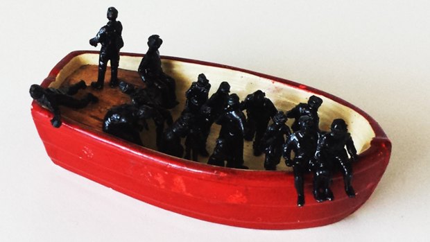 Barak Zelig's tiny sculpture, Large boat for a few people, a comment on plights of boat people and refugees.is on display at Tuggeranong Arts Centre's Seeking Refuge exhibition.
