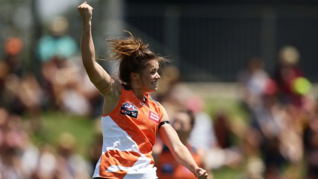 GWS player Stephanie Walker celebrates a goal during the AFLW round three match between the Giants and Fremantle Dockers in Blacktown on Saturday.