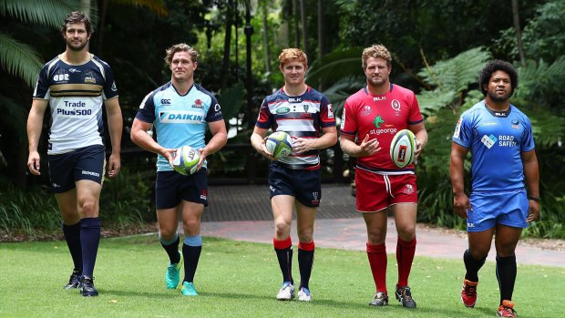 Too many: Sam Carter of the Brumbies, Michael Hooper of the Waratahs, Nic Stirzaker of the Rebels, James Slipper of the Reds, Tatafu Polota-Nau of the Force pose during the 2017 Super Rugby launch.