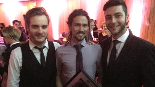 Nik Wansbrough, Michael O'Rourke and Sam Dignand, the trio behind short film Girl + Ghost at the Australian Cinematographers Society Awards.