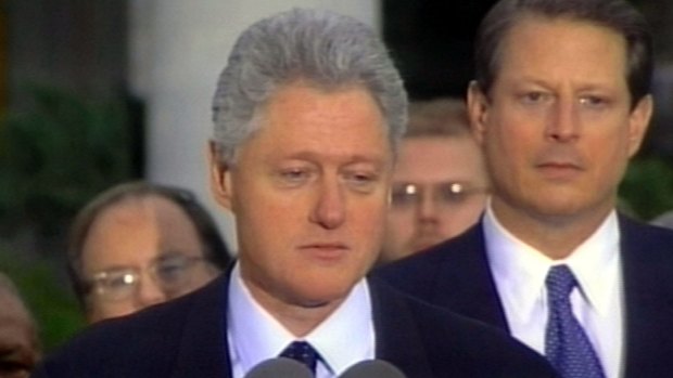 Then president Bill Clinton, making a short statement after being impeached on two counts by the House of Representatives in 1998. 