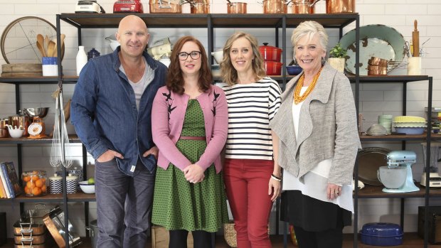 The Great Australian Bake Off is just delicious. From left, Matt Moran, Claire Hooper, Mel Buttle  and Maggie Beer.

