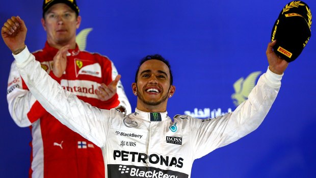 Lewis Hamilton celebrates winning the Bahrain Formula One Grand Prix for Mercedes on Sunday. 