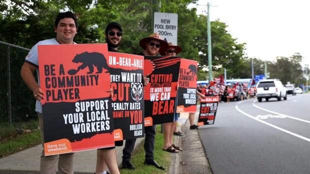 Protesters from Burleigh Heads Rugby League Football Club fighting against penalty rate cuts in March.