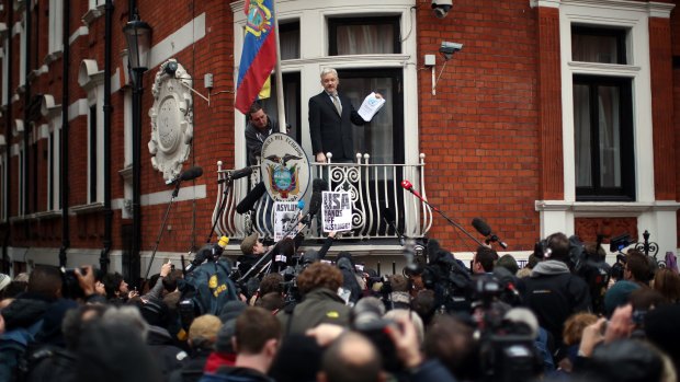 Wikileaks founder Julian Assange speaks from the balcony of the Ecuadorian embassy in London where he has lived since 2012.
