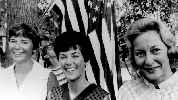 The three wives of the Apollo 11 astronauts on July 18, 1969. Left to right are Janet Armstrong, Pat Collins and Joan Aldrin.
