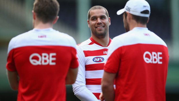 Star Swans forward Lance Franklin speaks to his teammates during a training session at the SCG.