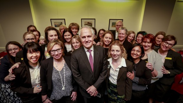 Malcolm Turnbull and Australian of the Year, Rosie Batty (front left) at the announcement on addressing family violence