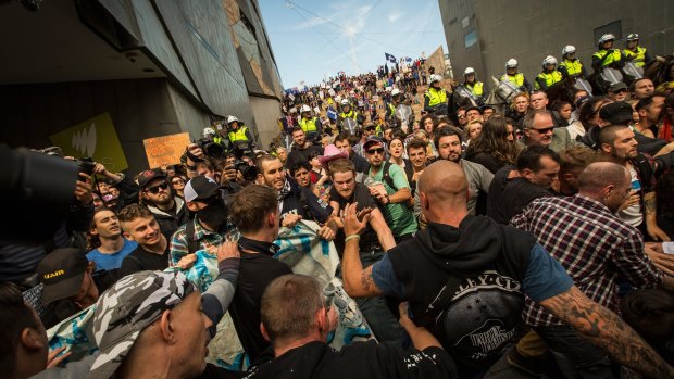 Rally against racism protesters clash with Reclaim Australia protesters at Federation Square in April.