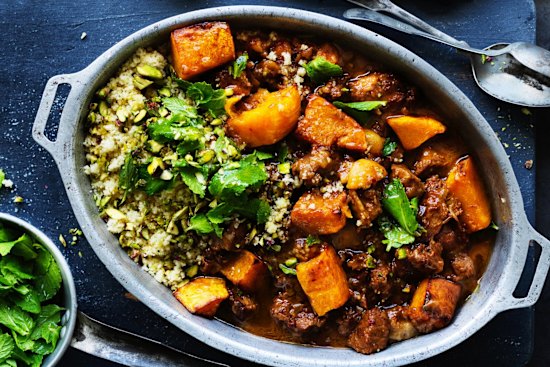 Spicy lamb braise with pistachio nuts and roast pumpkin chunks.