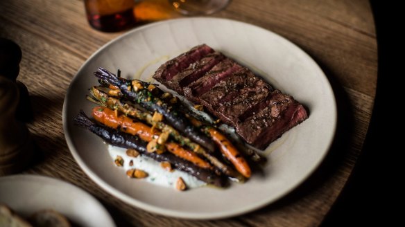 Flatiron steak with carrots and labne at the Fitzroy Town Hall Hotel.