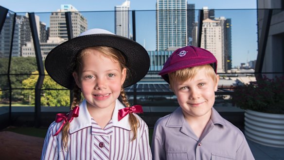 Prep students Amali Melville and Tate Verhagen on the roof of the Haileybury campus in West Melbourne.