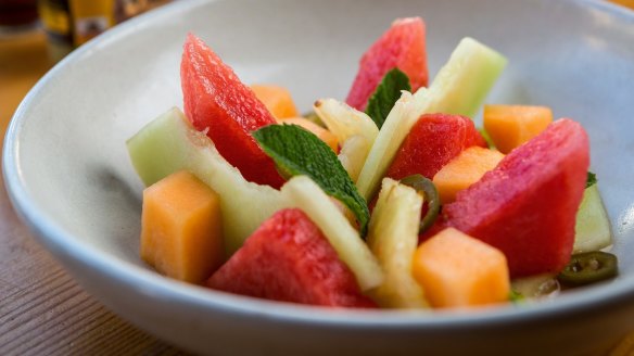 Summer salad: Escabeche melon salad with pickled pineapple and jalapeno.