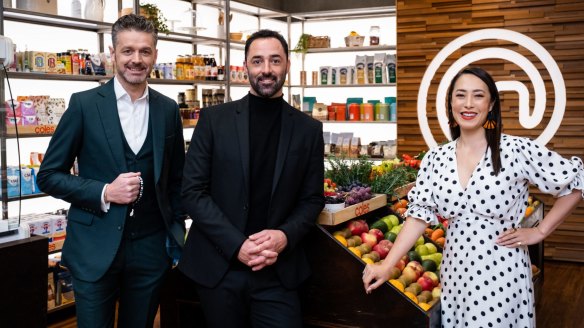 Judge Jock Zonfrillo, Bond villain Andy Allen and judge Melissa Leong line up to taste fast and fancy dishes.