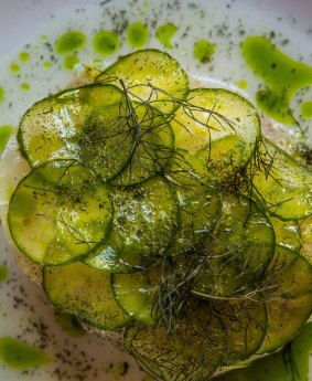 Lightly cured Kingfish, cultured cream, fennel and cucumber.