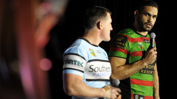 Finals fever: Souths skipper Greg Inglis with Sharks counterpart Paul Gallen at Monday's NRL finals launch.