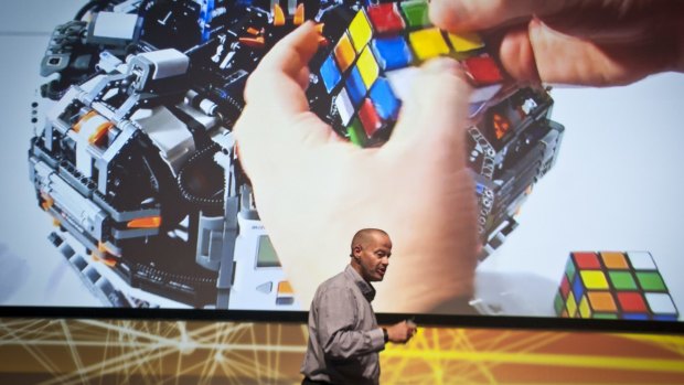 Adam Spencer spoke about the The World's (2nd) Fastest 3x3x3 Rubik's Cube solving robot (pictured).